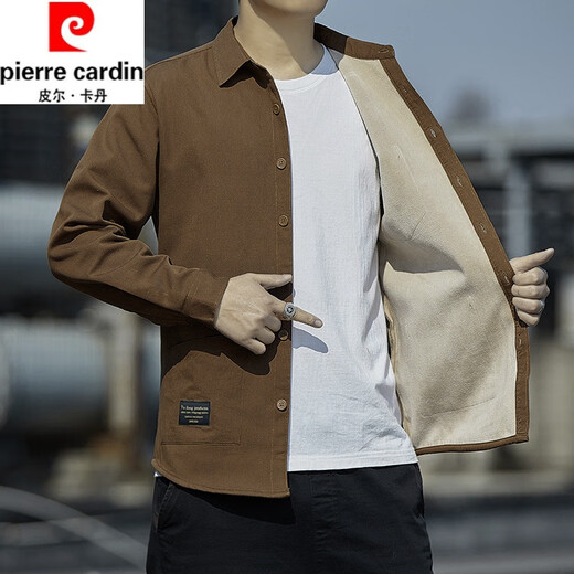 Pierre Cardin men's long-sleeved shirt with velvet and thickened cotton warm men's jacket autumn and winter shirt young and middle-aged men's warm shirt army green pure cotton warm velvet shirt H25 XL recommended 130-150Jin Jin equals 0.5 kg