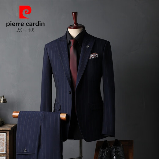 Pierre Cardin Striped Suit Men's Full Groom's Suit British Style Groomsmen's Clothes Business Formal Wedding Suit Men's Black (Suit+Vest+Trousers) S 46(80-100Jin Jin is equal to 0.5 kg)