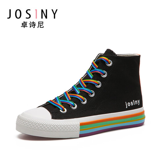 Zhuoshini canvas shoes women's high-top trendy Korean style rainbow cross lace round toe casual shoes J192D920J703 black 38