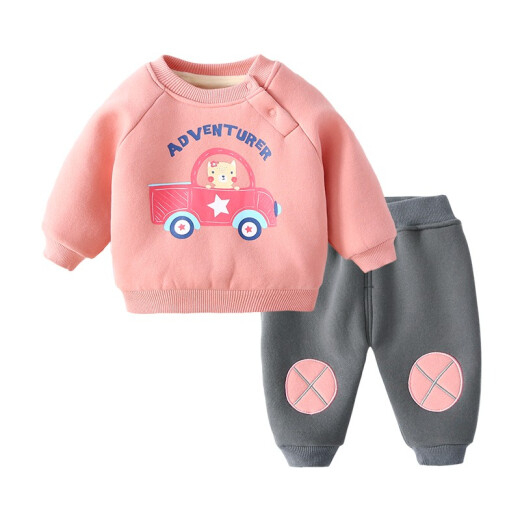 Yiqi Baby Baby Sweater Set Autumn and Winter Boys and Infants Clothes Winter Fashionable Baby Girl Winter Clothes Plus Velvet Thickened Two-piece Set Pink 90cm