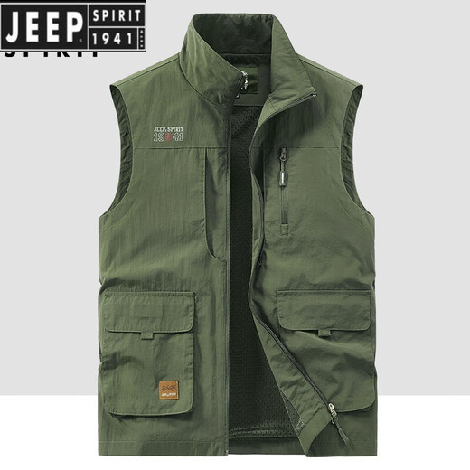 JEEP SPIRIT吉普户外工装钓鱼马甲男春秋季新款多口袋摄影休闲宽松百搭外套 军绿色(677春秋款) 3XL 建议165-180斤