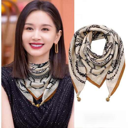 SOMUBAY magnetic button cotton linen small square scarf scarf for women multifunctional spring and autumn neck protection scarf sun protection scarf Women's Day gift apricot color lines [gift bags need to contact customer service or notes]
