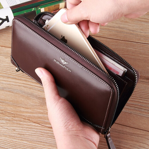 
British Paul genuine leather wallet men's long zipper wallet high-end men's card bag multi-function handbag birthday gift for men to give to boyfriend brown - counter gift box - removable wrist strap