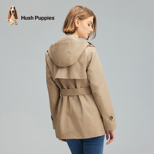 Hush Puppies Women's Autumn Simple and Attractive Waist Hooded Windbreaker Jacket 130 Khaki M