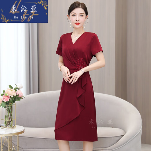 禾沁亚新娘妈妈礼服国庆结婚喜婆婆婚宴装连衣裙平时可穿小个子婚礼 红色 [6197款原版质量] L [建议110斤以下]