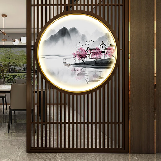福宁公馆隔断双面装饰画屏风画新中式入户门玄关发光壁画山水画圆形带灯画 组合5（736 | 735） 直径80cm 遥控接电源