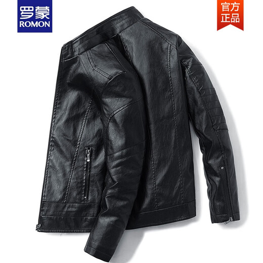 ROMON leather jacket men's autumn and winter trendy brand plus velvet motorcycle leather jacket clothes spring and autumn handsome men's clothing 9923JR# black [added velvet] M 95-110Jin[Jin equals 0.5 kg]