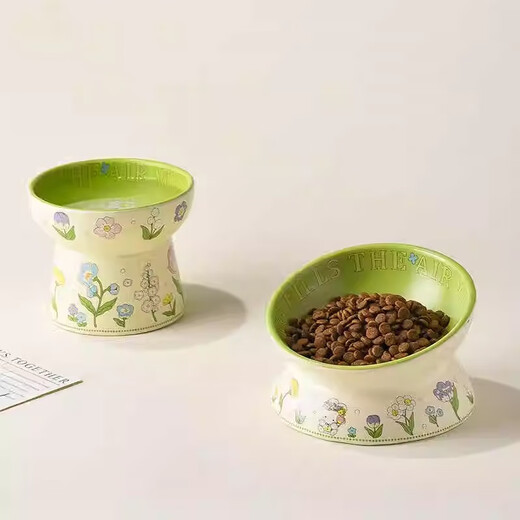 Lace Ceramic Cat Bowl Cute Green Rabbit Water Bowl Set Cat Food Bowl Ceramic Slanted Mouth Dog Food Bowl Cat Anti-Tip Green Rabbit Slanted Mouth Bowl + Flat Mouth Bowl M-Medium Size