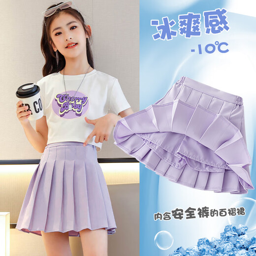 小猪彼特女童半身裙网球裙儿童夏季裙裤大童百褶裙套装女孩jk白色运动短裙 9889T恤+1566紫色短裙【套装】 170 cm