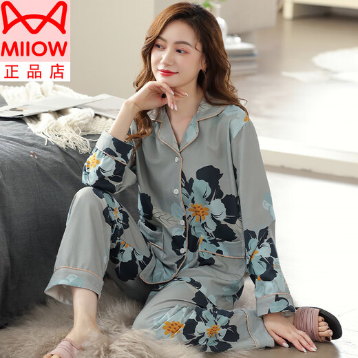 Catman Miiow Cotton Pyjamas pour les femmes au printemps d'été et à l'automne 2025 Nouveau coton pur à manches longues Mère d'âge moyen de grande taille des vêtements de maison de grande taille Miiow-XEQ9272 M adaptés à 80-100jin [Jin est égal à 0,5 kg]