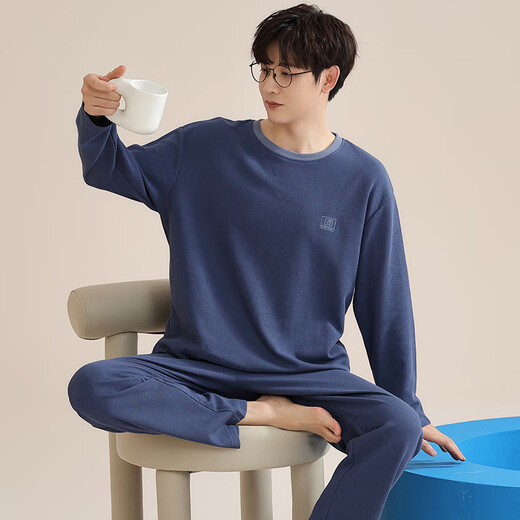 Langsha men's pajamas men's spring and autumn cotton long sleeves can be worn on the outside round neck pullover home clothes loose and simple two-piece set