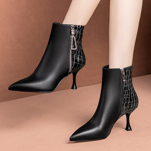 Metisan cowhide high-heeled Martin boots, thin-heeled short boots, women's 2020 new autumn and winter pointed toe color-blocking women's boots, spring and autumn single boots, small heels and naked boots, black 36