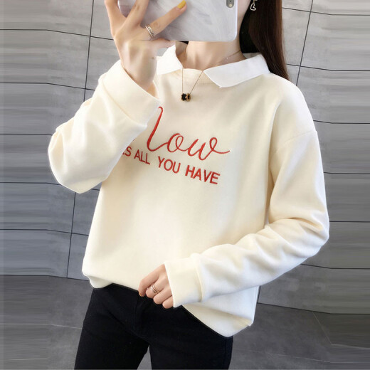 MILANYIN women's autumn and winter sweatshirt for female students Korean style loose pullover lazy style versatile embroidered lapel top NYml059 apricot L