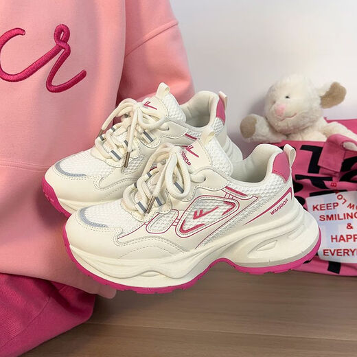 Huili women's shoes thick-soled dad shoes women's breathable versatile trendy shoes retro casual shoes J841Z rice/pink 38