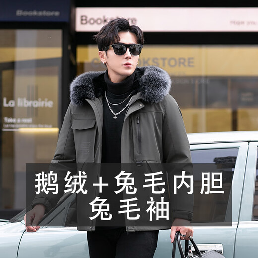 卡搭新款派克服男獭兔毛鹅绒内胆羽绒服皮毛一体皮草大衣连帽时尚外套 蓝灰色 鹅绒+獭兔毛+兔毛袖 M 165