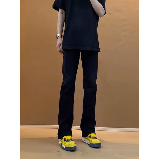 7家优品 黑色弯刀微喇牛仔裤男士秋冬季款美式高街修身直筒加绒长裤子男 DF-701黑色 L （105-120斤）