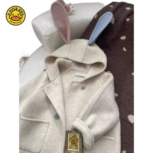
G.DUCKKIDS Girl Thickened Warm Woolen Jacket Baby Winter Korean Style Fashionable and Cute Two-Color Rabbit Ear Hooded Woolen Coat Bei White 100
