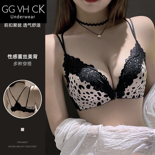 GG VH CK Light Luxury Sexy Underwear Women's Lace New Front Button Bra Small Breast Push-Up Push-Up Showing Bigger Side Breasts Bra Set Leopard Print Set Brand Underwear Gift Box 80A B/36