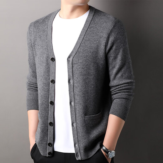 
Hengyuanxiang 100% pure wool cardigan men's V-neck solid color sweater autumn and winter new sweater trendy jacket 1520222 China Coffee M 170/48/105