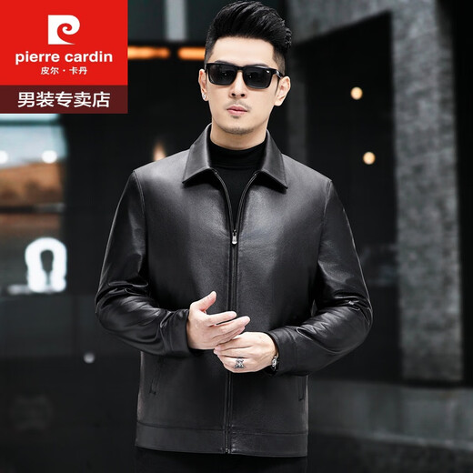 皮尔卡丹（pierre cardin）海宁真皮皮衣男头层牛皮中青年翻领大码休闲商务皮夹克薄款爸爸装 黑色翻领 3XL