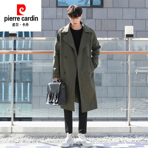 Pierre Cardin men's mid-length trendy windbreaker men's spring and autumn British style handsome men's high-end large size double-breasted jacket military green 2XL