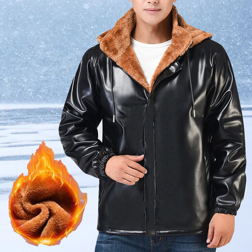 AJXOOR leather jacket and leather pants suit plus velvet and thickened men's leather jacket waterproof loose casual winter hooded work cotton coat detachable hooded top thickened 3XL recommended 138-155 Jin Jin equals 0.5 kg