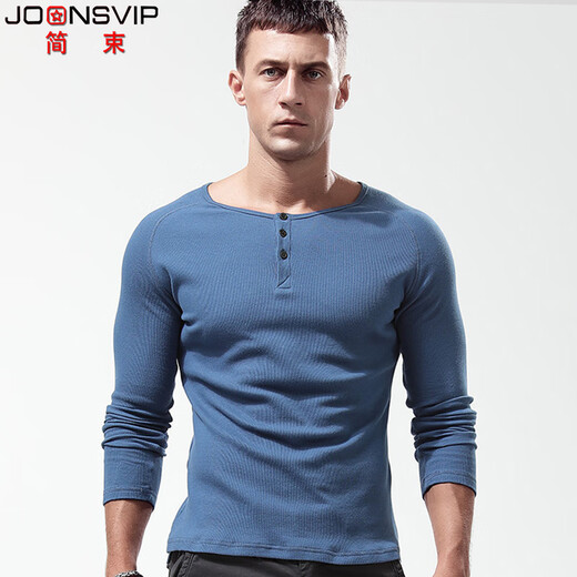 Simple henley shirt men's long-sleeved T-shirt henley collar simple American retro heavyweight sports fitness slim thread solid color cotton bottoming shirt black XL/73kg