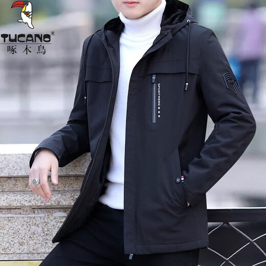 Woodpecker Jacket Men's Jacket 2024 Spring and Autumn New Hooded Casual Outdoor Loose Stand Collar Warm Jacket Men Black XL Recommended Weight 125-140Jin Jin equals 0.5 kg