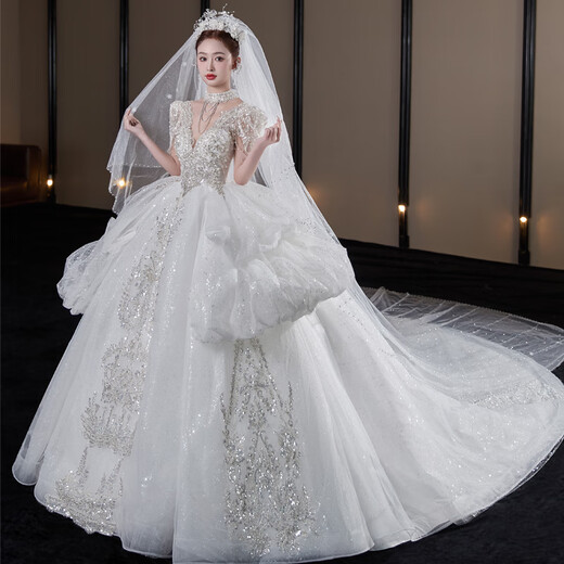 红妆饰佳婚纱新娘2025新款主纱法式奢华重工复古高级质感迎宾纱公主仪式纱 米白齐地款 S
