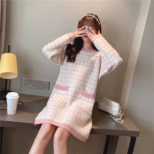 BANDALY Dress Women's 2020 Autumn Women's Korean Style Small Fragrance Style Medium Long Loose Pullover Internet Celebrity Lazy Knitted Sweater Dress ywDH3412 Black One Size