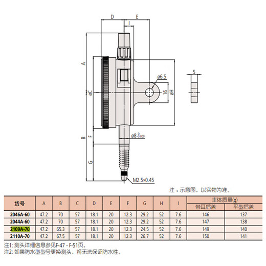 Mitutoyo dial indicator dial indicator pointer indicator imported from Japan 2109AB-70/0-1mm/0.001mm flat back cover