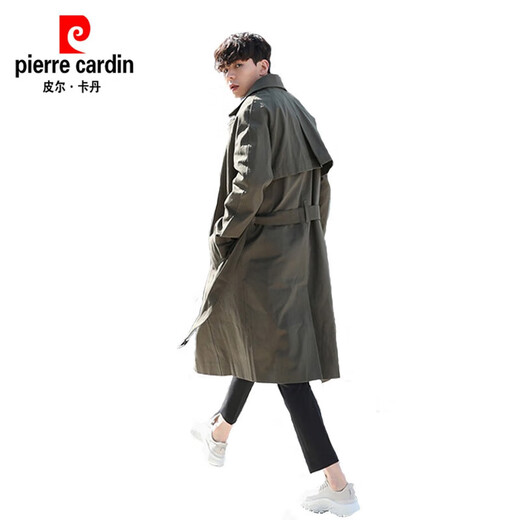 Pierre Cardin men's mid-length trendy windbreaker men's spring and autumn British style handsome men's high-end large size double-breasted jacket military green 2XL