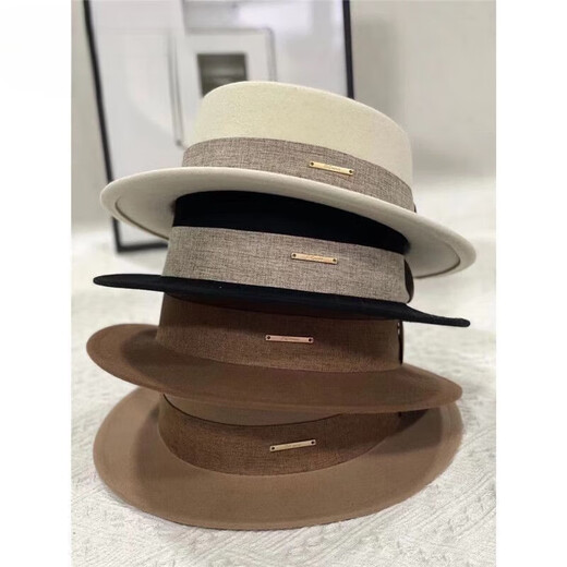 Difuxi top hat men's white French autumn and winter flat top woolen top hat women's flat brim small brim British large head circumference men's versatile camel black + black belt 55-59cm adjustable