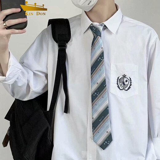 KIN DON长袖衬衫男dk制服感衬衫男学院风白衬衣宽松高中生领带班服上衣 白色 L