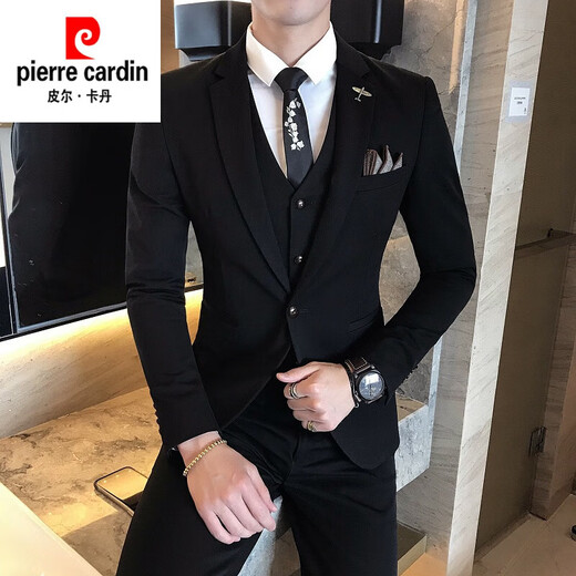 Pierre Cardin suit men's professional groomsmen Korean style groom wedding dress formal business slim casual suit for men black (three-piece suit) jacket + vest + trousers + shirt + gift L 50 Weight -120Jin Jin is equal to 0.5 kg