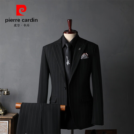 Pierre Cardin Striped Suit Men's Full Groom's Suit British Style Groomsmen's Clothes Business Formal Wedding Suit Men's Black (Suit+Vest+Trousers) S 46(80-100Jin Jin is equal to 0.5 kg)