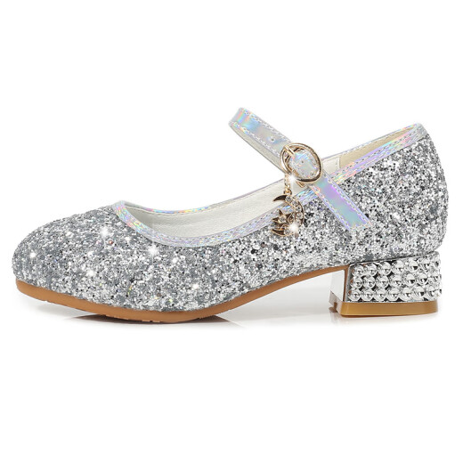 SANGJI girls princess shoes dress silver performance crystal shoes summer children high heels model catwalk performance leather shoes silver 31