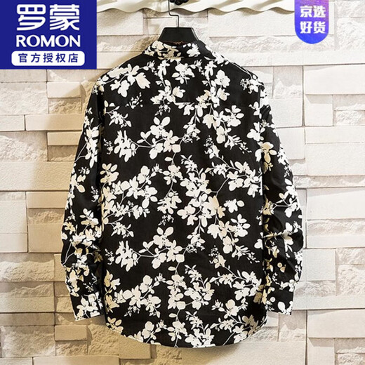 ROMON Autumn Small Floral estampado Camisa impresa para hombres Camisa de algodón de algodón de moda de manga larga de manga larga Handal Gandy Black and White Chaqueta Top 1049 No. 1 2xl Versión suelta 151-165Jin [Jin iguala 0.5 kg] desgaste