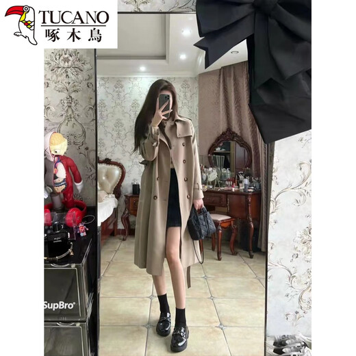 Woodpecker high-end khaki windbreaker jacket for women 2024 new spring and autumn medium and long style small British style Korean style popular khaki M 117-128Jin Jin is equal to 0.5 kg