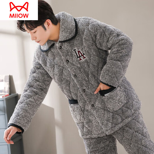 Cat Man (Miiow) Pyjamas für Männer dreischichtig eingedickte Korallenmerze Baumwolle warmer Flanell Winter Herbst und Winter Home Clothing Set C9921# Black Grey L [100-125jin [Jin gleich 0,5 kg]] Dreischichtig eingedickt