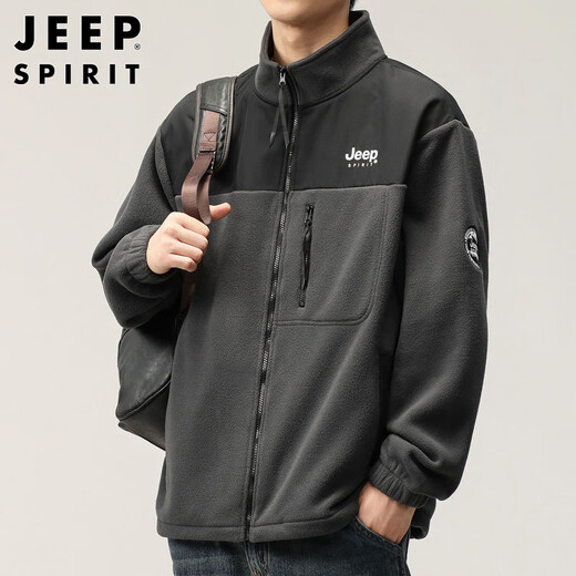 JEEP SPIRIT Jeep Jacket Men's Autumn and Winter Sweater Men's Men's Polar Fleece Casual Cardigan Fleece Clothes Dark Gray XL