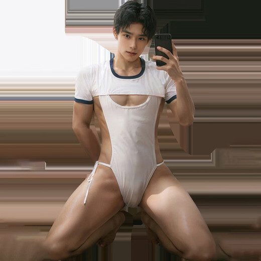 Men's Sexy Underwear 2024 New Sexy Transparent Cosplay Three-Point Male Sexy Underwear Men's Special Masturbation Sexy Underwear Thong Men's Sexy Sex Underwear White + Blue Hidden Button Open Crotch Jumpsuit One Size Recommended Weight 110-160Jin Jin is equal to 0.5kg