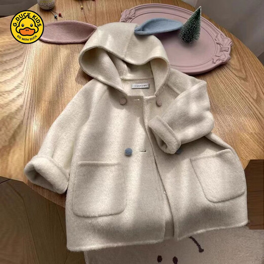 
G.DUCKKIDS Girl Thickened Warm Woolen Jacket Baby Winter Korean Style Fashionable and Cute Two-Color Rabbit Ear Hooded Woolen Coat Bei White 100