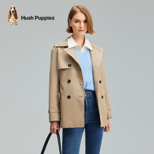 Hush Puppies Women's Autumn Simple and Attractive Waist Hooded Windbreaker Jacket 130 Khaki M