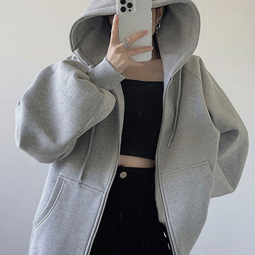 OYZ trendy gray hooded sweatshirt for women spring and autumn thin vintage zipper cardigan jacket new loose trendy ins gray M