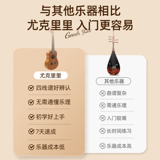 GEEDR吉享尤克里里吉他演奏级合板全单尤克里里23英寸初学者吉他 23英寸桃花芯木原木色【全单】