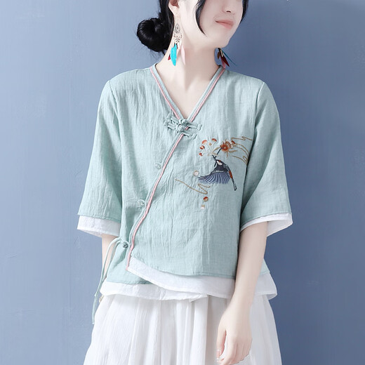 Misty Apricot, Republik China-Stil-Retro-Buckle-Set, chinesischer Stil, ethnischer Stil, chinesischer Stil, chinesischer Stil, chinesischer Stil, chinesischer Stil, chinesischer Frauenstickerei, V-Ausck-Baumwollwäsche, Fleischpulver (Top) L, Empfohlen, 105-120 Jin [Jin gleich 0,5 kg]