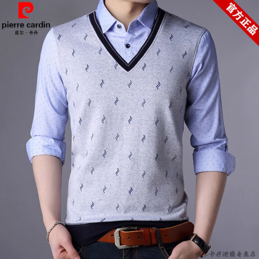 皮尔卡丹（pierre cardin）品牌假两件衬衫领长袖t恤男装春秋上衣套头带领假二件打底polo 男 3879蓝色【春秋款】 165/M 【100-120斤】