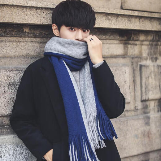 Lumine scarf men's winter all-match Korean version warm thickening color matching men's scarf woolen neck scarf student couple scarf trendy black belt three color matching middle white on both sides sky blue