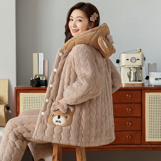Modal pajamas for women in winter thickened and plush three-layer cotton coral velvet keep warm and hooded new home clothing set 6630 red 2XL 140-160Jin [Jin equals 0.5 kg]